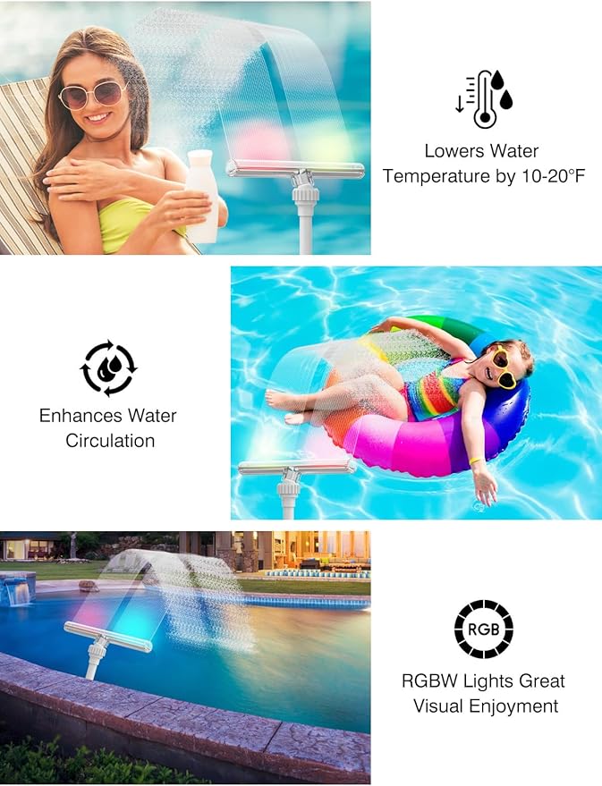 Solar Pool Fountain with 15-Color LED Lights, Adjustable Water Pressure & Angle, Fun Pool Sprinkler Waterfall for Above & Inground Pools, Ponds & Outdoor Decorations