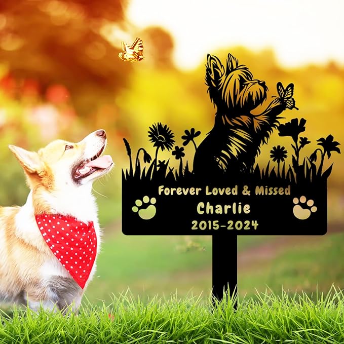 Custom Yorkshire Terrier Dog Memorial Grave Marker,Personalized Metal Flora Dog Memorial Garden Stake,Dog Memorial Plaque Burial Stake Engraved Sign,Sympathy Stake for Lost Dog,Dog Headstone