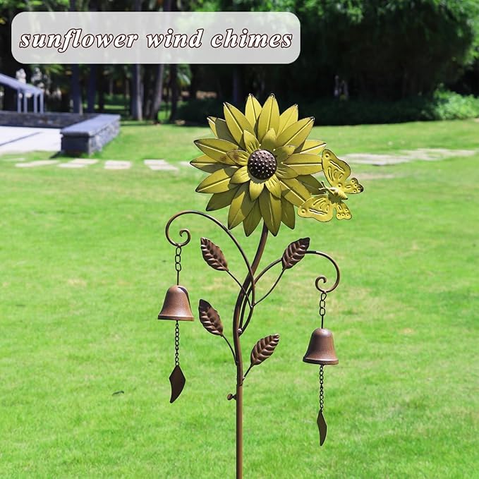 HLQMFHT Sunflower Garden Stake with Bells, Decorative Garden Stakes for Garden Yard Patio Decor