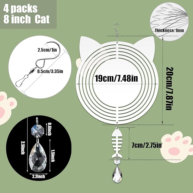 4Pack 8 inch Sublimation Wind Spinner Blanks 3D Aluminum Metal Wind Sculpture Kinetic Spinners for Yard and Garden Indoor Art Ornaments Hanging Decoration (Cat)