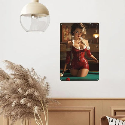 Cafemira Vintage tin sign,sexy woman &pool table,Metal sign Art Decor wall,for studio,office,cafe,bar,living room,Yard,Patio,pool hall decorative plaque poster,easy to hang.8x12 Inch