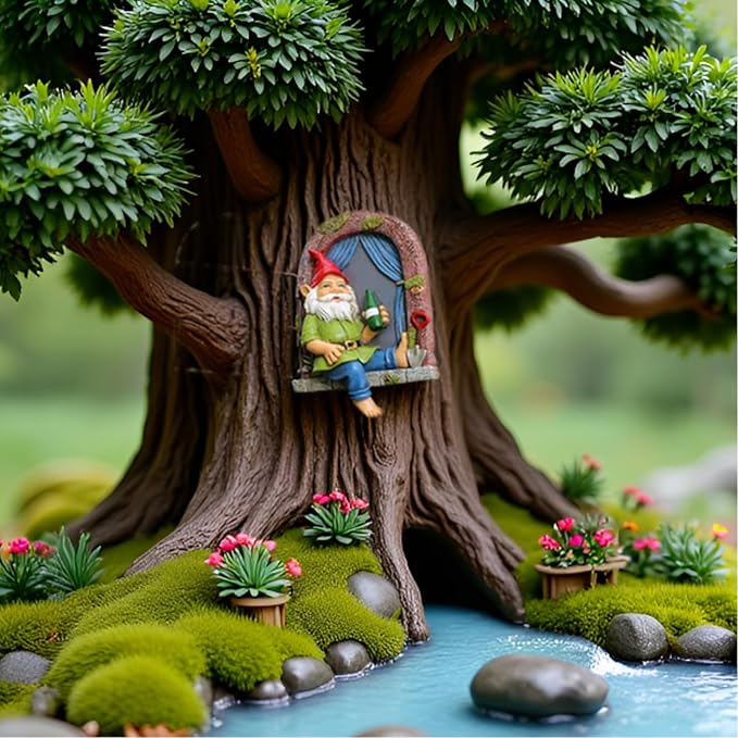 Funny Garden Gnome Accessories Tree Hugger Statue Gnome Dringking Beer by Window, Fairy Garden Decoration, Whimsical Tree Sculpture Peeker, Patio Yard Lawn Porch Decoration,Christmas New Year Gift