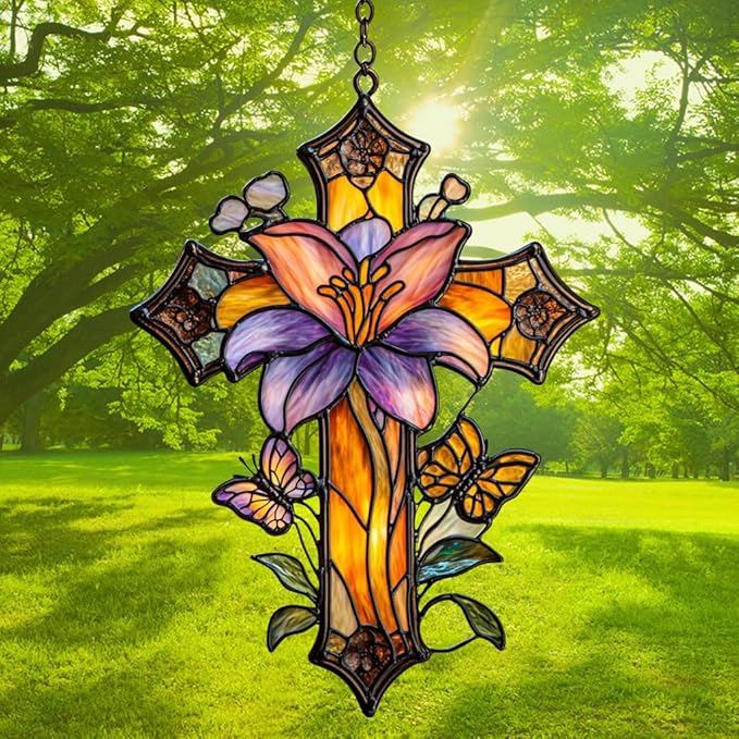 Magnolia Cross Acrylic Suncatcher Stained Glass Effect Window Car Hanging Christmas Ornament Indoor Outdoor Decor Garden Memorial Sun Catcher for Family Christmas Jesus Gift for Women Mom Grandma