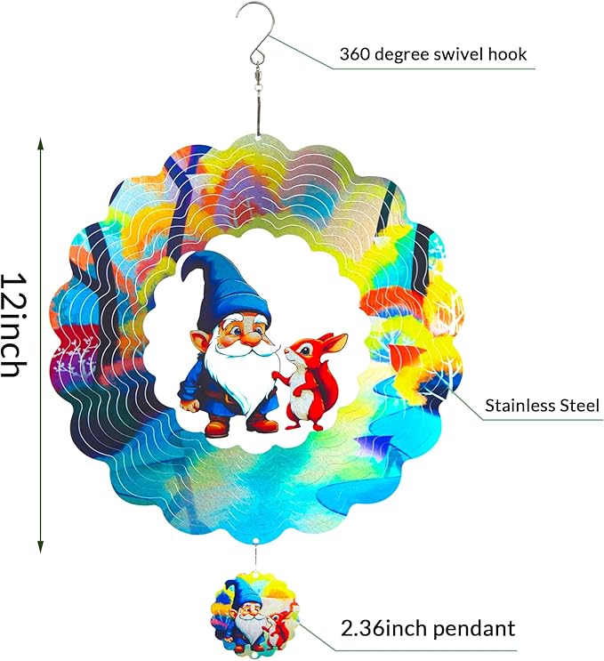 Gnome Gifts for Women, Gnomes Hanging Wind Spinners,12 Inch 3D Garden Spinner Kinetic Art Garden Decorations，Stainless Steel Reflective Wind Spinners for Yard
