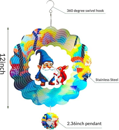 Gnome Gifts for Women, Gnomes Hanging Wind Spinners,12 Inch 3D Garden Spinner Kinetic Art Garden Decorations，Stainless Steel Reflective Wind Spinners for Yard