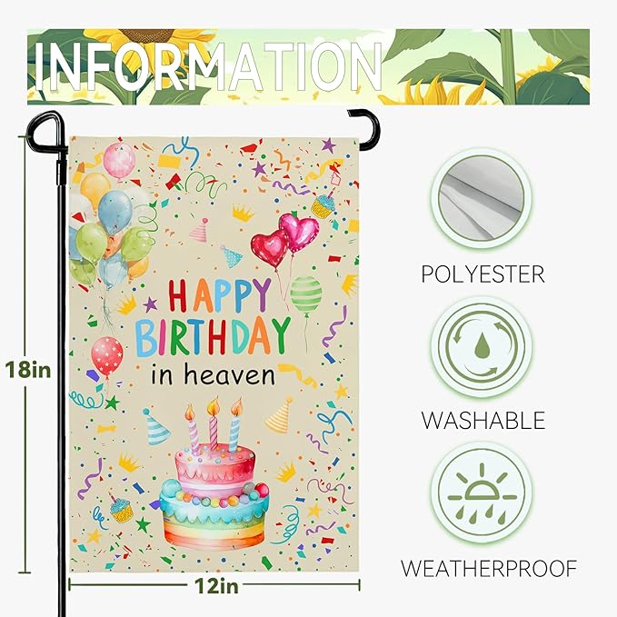Happy Birthday in Heaven Garden Flag 12x18 Inch Double Sided Colorful Balloon Cake Memorial Yard Banner Outdoor Birthday Remembrance Decoration for Patio Lawn Porch Garden Decor House Flags