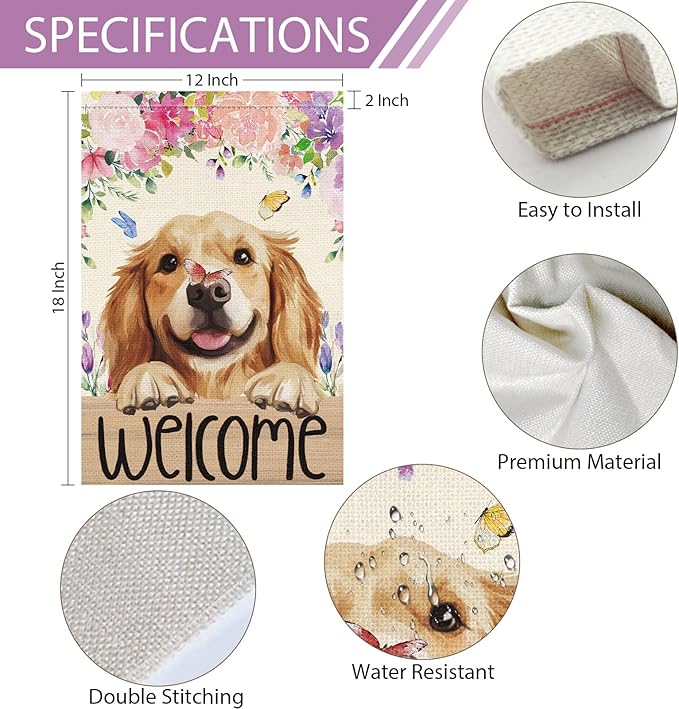 Heyfibro Welcome Spring Summer Flower Garden Flag 12x18 Inch Double Sided Burlap,Cute Golden Retriever Dog Butterfly Yard Flag for Seasonal Holiday Farmhouse Outdoor Decor(ONLY FLAG)