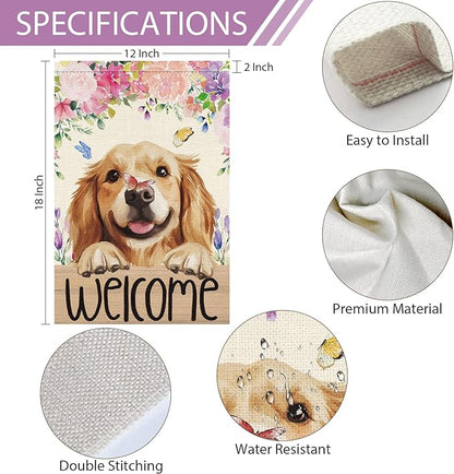 Heyfibro Welcome Spring Summer Flower Garden Flag 12x18 Inch Double Sided Burlap,Cute Golden Retriever Dog Butterfly Yard Flag for Seasonal Holiday Farmhouse Outdoor Decor(ONLY FLAG)