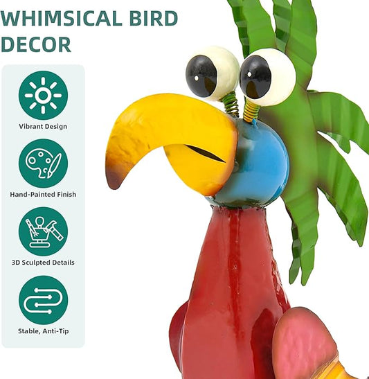 19.7" Unique Cartoon Tiki Bird Decor, Handcrafted Large Parrot Sculpture with Ground Stake, Weatherproof Metal Yard Art for Patio, Lawn, Balcony or Indoor Home Decor, Ideal for Parties & Gifts