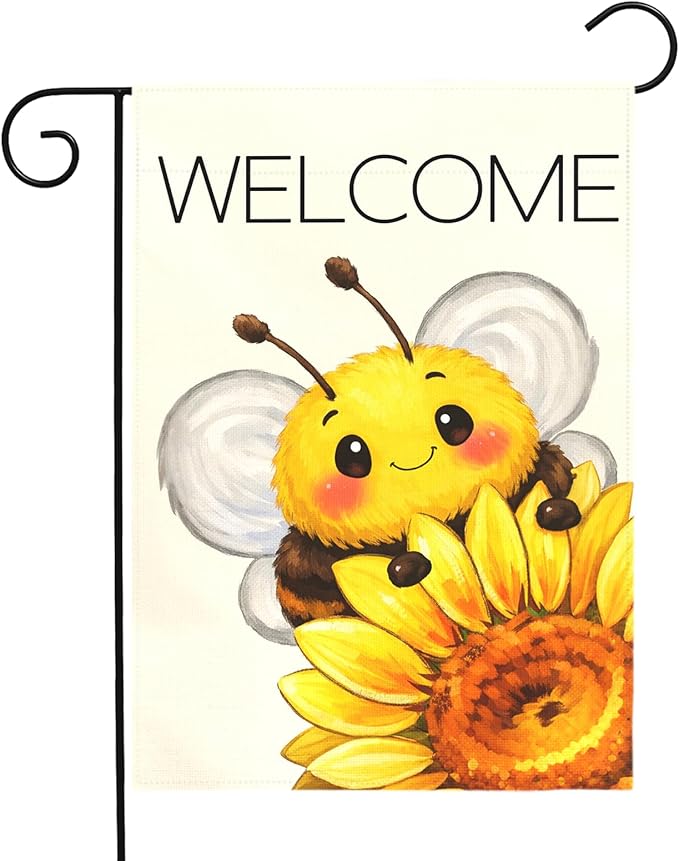 Welcome Garden Flag Cute Bee with Sunflower Outdoor Yard Flags Spring Summer Garden Double Sided Bee Banner for Lawn Yard Porch Patio Farmhouse Rustic Outdoor Seasonal Home Decor 12x18 Inch