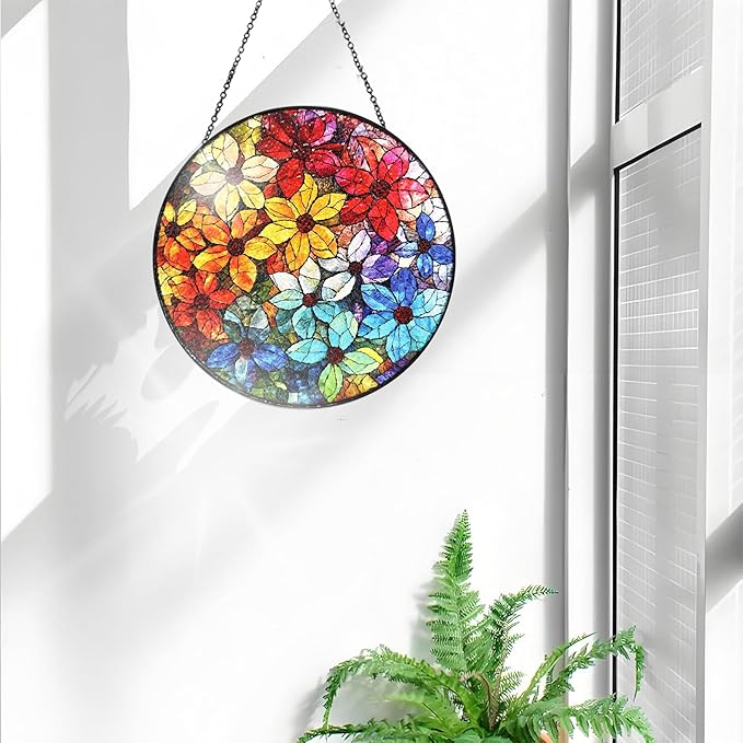 Bimkole Colorful Flower Stained Glass Suncatcher Window Hanging - Design for Indoor Window or Doorway Decoration - 7.87x7.87 inch with Chain and Hook - Unique Home Decor Gift