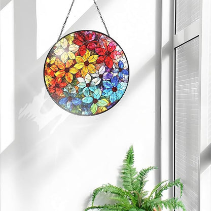 Bimkole Colorful Flower Stained Glass Suncatcher Window Hanging - Design for Indoor Window or Doorway Decoration - 7.87x7.87 inch with Chain and Hook - Unique Home Decor Gift