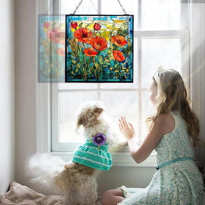 Poppy Hanging Stained Glass Suncatcher for Windows, 20cm/7.87inch Window Suncatcher Hanging Ornaments Wall Art,Hand-Painted Glass Panel Home Decor for Mom Grandma