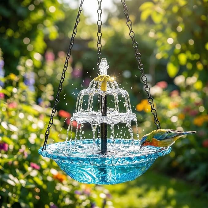 Solar Fountain for Bird Bath, Hanging Solar Cascade Bird Bath Fountain with Multi-Tier Waterfall, Solar Powered Outdoor Hanging Birdbath for Garden, Patio, Yard and Backyard Decor (Blue)