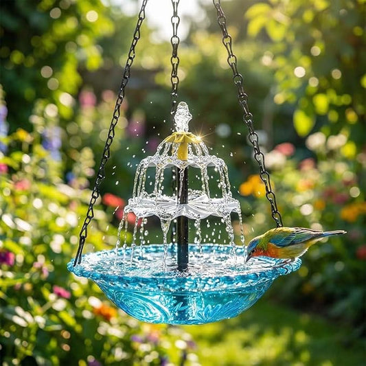 Solar Fountain for Bird Bath, Hanging Solar Cascade Bird Bath Fountain with Multi-Tier Waterfall, Solar Powered Outdoor Hanging Birdbath for Garden, Patio, Yard and Backyard Decor (Blue)