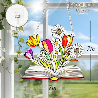 Stained Glass Book for Windows, bookand Flower Hanging Sun Book Indoor Window, Theme Birthday Gifts for hummingbirding Lovers