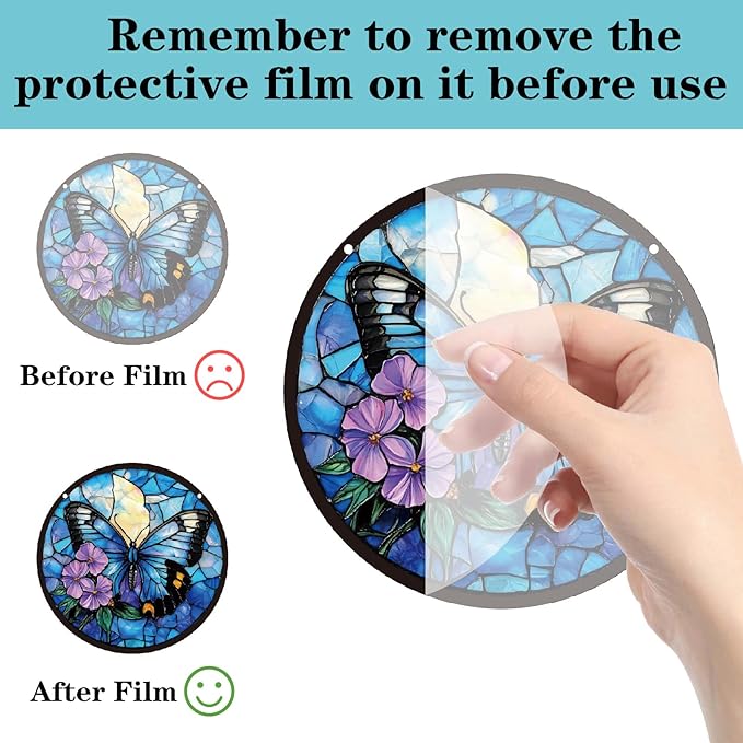 CREATCABIN Butterfly Sun Catchers Round Acrylic Suncatchers Stained Animals Window Wall Art Hanging Ornaments with Metal Chain for Housewarming Living Room Bedroom Home Garden Decor 9.8 Inch