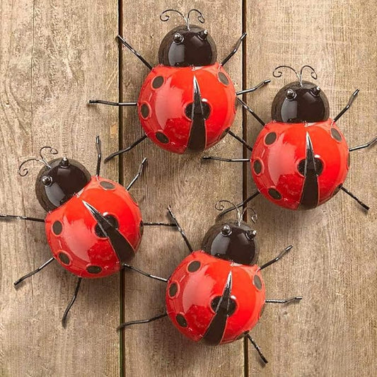 Gudui Metal Ladybugs Garden Wall Art Decor Cute Ladybugs Wall Sculptures & Statues Outdoor Decoration Yard Lawn Porch Fence Ornaments, Set of 4