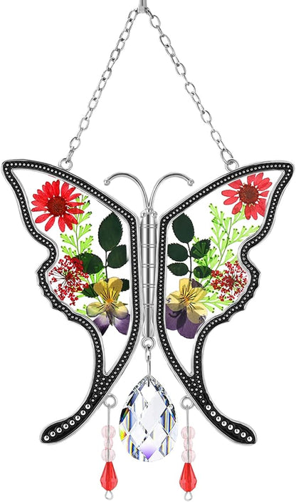 KY&BOSAM Butterfly Suncatcher Gifts for Mom Stained Glass Butterfly for Windows Hangings Wind Chime Ornament Pressed Rearl Flower Wings and Crystal Charm Birthday Gift for Mom Mother`s Day Christmas