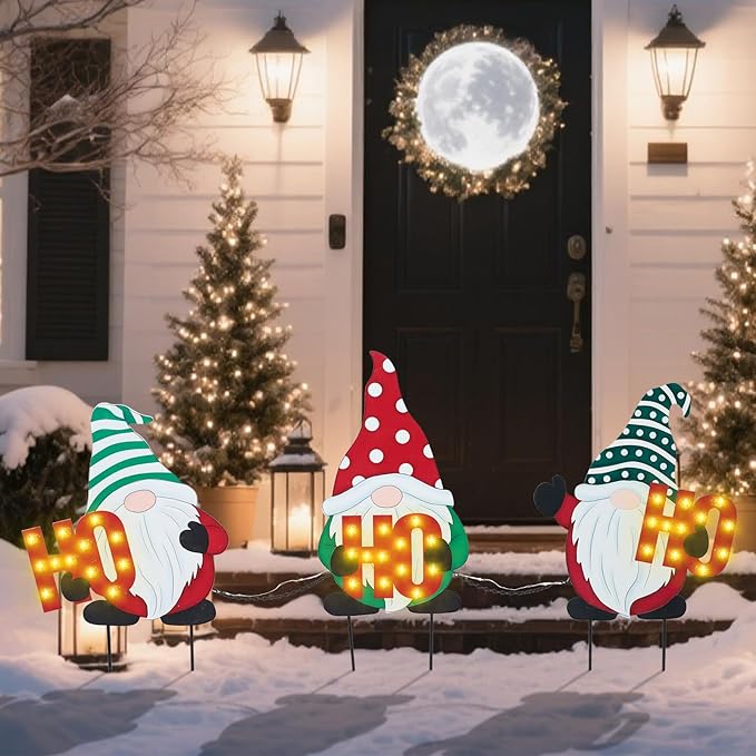 WONDER GARDEN 3 PCS Christmas Yard Signs Christmas Decorations Outdoor, Metal Xmas Yard Stakes Gnomes Lawn Decor, Xmas Garden Stakes with Led Lights for Patio Pathway Outside Decorations