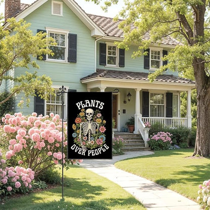 Plants Over People Halloween Garden Flag Double Sided Yard Outdoor Decoration 12x18 Inch, Plant Garden Flag, Halloween Skull Floral Patio Decorative Banner, Funny Skeleton Gardener Gifts