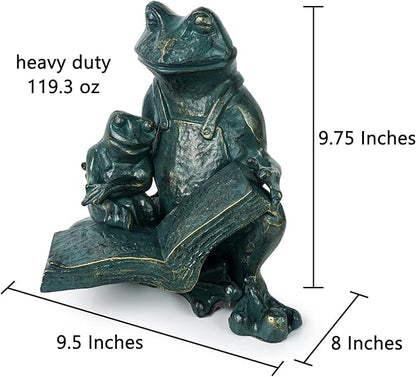 DreamsEden Metal Frog Garden Statue, Funny Mother and Kid Frogs Reading Sculpture for Outdoor Decor Yard Lawn Decorations, 10''H
