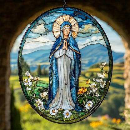 Virgin Mary Acrylic Suncatcher Stained Glass Effect Window Car Hanging Christmas Ornament Indoor Outdoor Decor Garden Sun Catcher Panel for Acrylic Suncatcher Lover for Women Mom Grandma