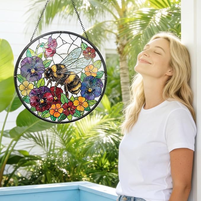 Bee Stained Glass Window Hanging - Round Floral & Bee Suncatcher with Chain, Colorful Glass Ornament for Home Garden Window Decor Gift, 8 Inch