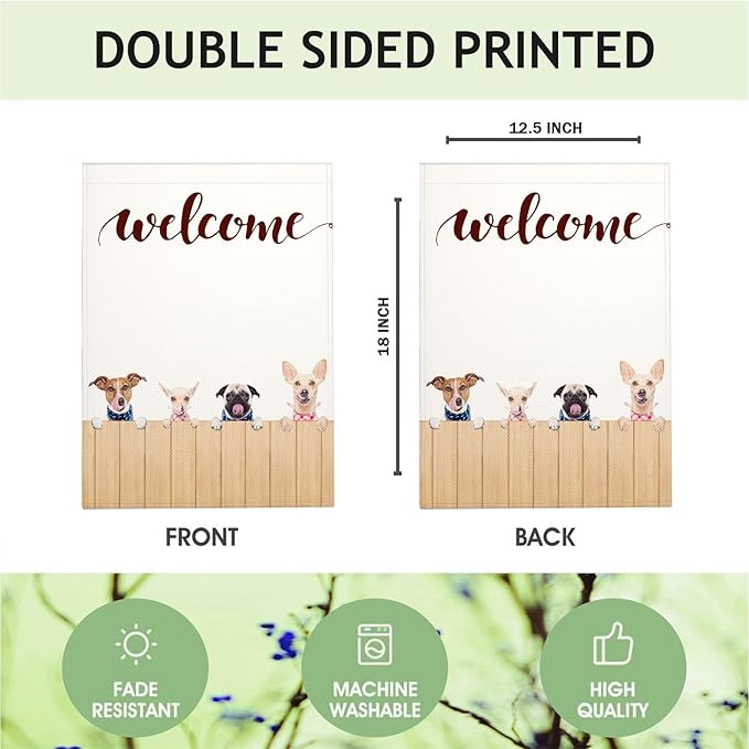 Mugod Welcome Dog Garden Flag, Cute Puppy on Fence Rustic Farmhouse Design, Vertical Double Sided Burlap Yard Flag 12.5x18 Inch, Pet Lover Outdoor Patio Lawn Decor