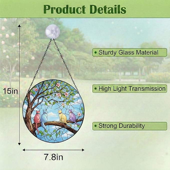 Sun Catcher Stained Glass Window Hanging, 7.8 Inch Spring Scene with 4 Cats on Branch, Hanging Ornament for Window Door Decor, Birthday Gift for Cat Lovers Women Mom Grandma
