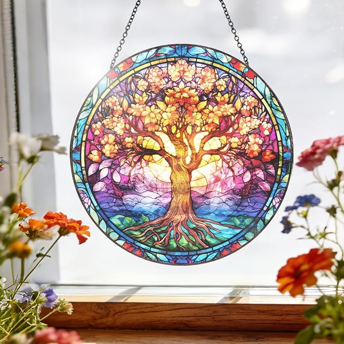 Tree of Life Stained Glass Suncatcher, Colorful Round Window Hanging with Metal Chain, Vibrant Boho Style Glass Sun Catcher Decor for Home Window or Wall