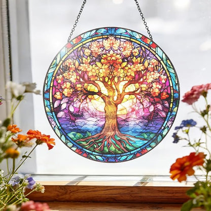 Tree of Life Stained Glass Suncatcher, Colorful Round Window Hanging with Metal Chain, Vibrant Boho Style Glass Sun Catcher Decor for Home Window or Wall