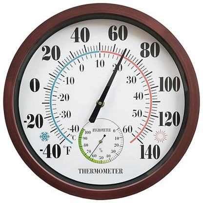 Indoor Outdoor Thermometer Large Numbers 12 Inch Wall Weather Thermometer Hanging Garden Decor Hygrometer No Battery Needed (Brown)