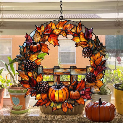 Fall Floral Wreath Acrylic Suncatcher Stained Glass Effect Window Car Hanging Christmas Ornament Indoor Outdoor Decor Garden Sun Catcher Panel for Acrylic Suncatcher Lover for Women Mom Grandma