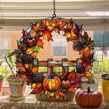Fall Floral Wreath Acrylic Suncatcher Stained Glass Effect Window Car Hanging Christmas Ornament Indoor Outdoor Decor Garden Sun Catcher Panel for Acrylic Suncatcher Lover for Women Mom Grandma