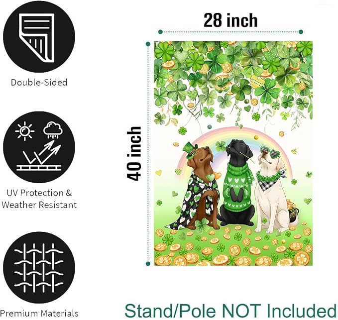 St Patricks Day Dog House Flag 28 x 40 Double Sided Outside White Chocolate Black Lab Garden Banner Labrador Yard Signs for Saint Patrick Spring Outdoor Decorative