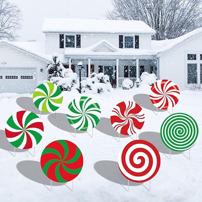 8-Piece Christmas Candy Yard Signs with Stakes Decorations – 8 Assorted Peppermint and Lollipop Designs 12.6 x 12.6 Inches Large Round Candy Signs for Outdoor Garden and Lawn Holiday Party Favor