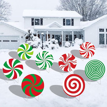 8-Piece Christmas Candy Yard Signs with Stakes Decorations – 8 Assorted Peppermint and Lollipop Designs 12.6 x 12.6 Inches Large Round Candy Signs for Outdoor Garden and Lawn Holiday Party Favor