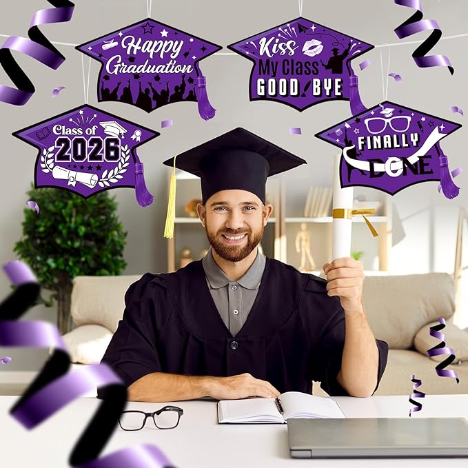 Chunful 12 Pack Graduation Yard Signs Grad Decoration 2026 Happy Graduate Lawn Garden Sign with Stake Congrats Outdoor Plastic Cap Hanging Ornament for Class Pathway Walkway Porch Party(Purple)
