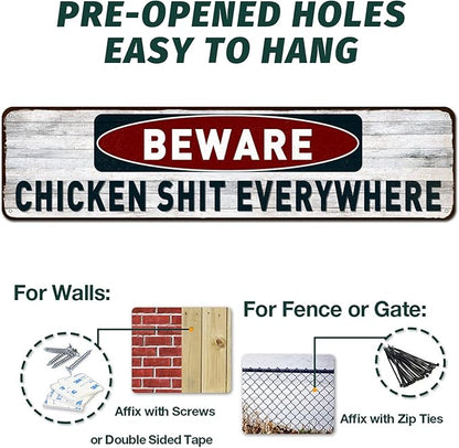 Funny Tin Sign - Beware Chicken Shit Everywhere, Chicken Coop Decor Outdoor Indoor Wall Panel Retro Vintage Mural 4"x16"