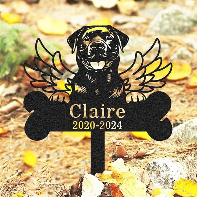 Personalized Rottweiler Dog Memorial Grave Marker Outdoor, Custom Metal Dog Grave Marker with Name & Year, Customized Pet Memorial Gifts for Loss of Dogs Rottweiler Burial Marker with Wings