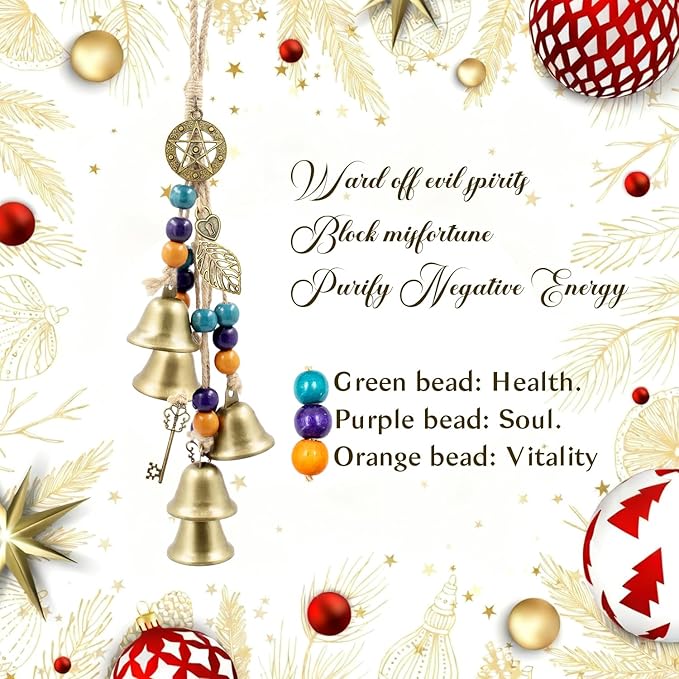 Witch Bells Protection for Door Knob, 13" Hanger Wind Chimes, Christmas Bells for Witchy Home Decor, Witchy Things Clear Negative Energy Witchcraft Supplies (Heath, Soul, Vitality)
