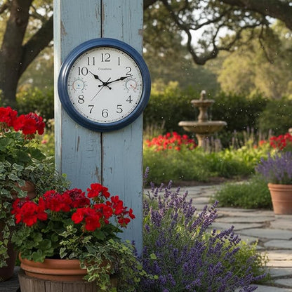 Crosstime 16 Inch Large Outdoor Clock with Thermometer & Hygrometer – Vintage Blue Coastal Decor Waterproof Wall Clock for Patio, Pool, Garden, Backyard