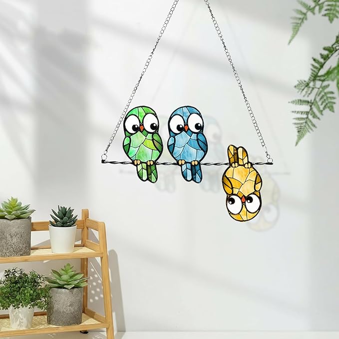 Stained Glass Window Hanging Multicolor Owls Ornaments - Handmade Stained Glass Suncatchers Hanging Outdoor Garden Decor - Decoration for Home Garden Christmas Party Wedding Housewarming Gifts