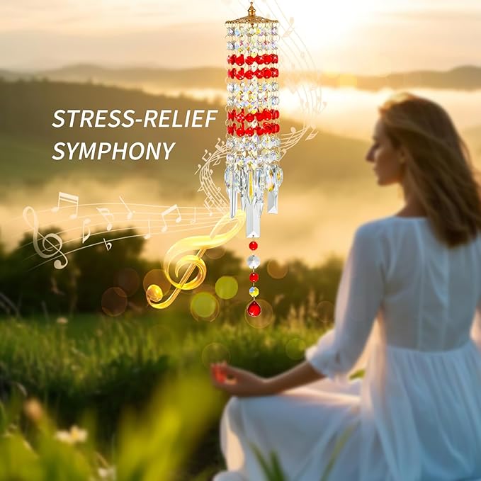 Crystal Wind Chimes for Outside with Rainbow Light Reflections Glass Bells and Rose Gold Alloy Hooks Indoor Outdoor Decor for Home Garden Patio Porch Birthday House Warming (Red)