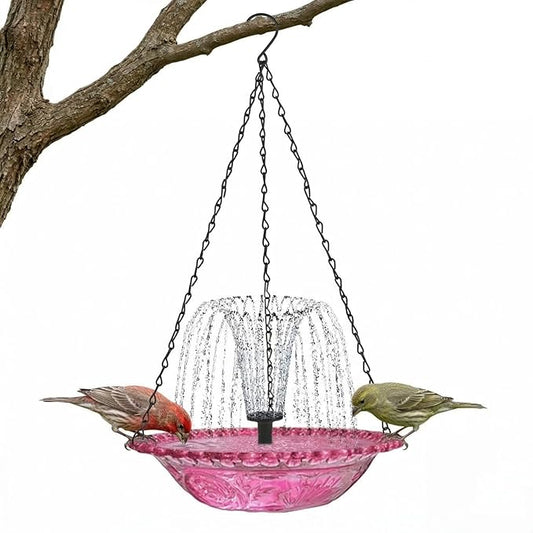 Hanging Solar Bird Bath Fountain - Outdoor Hanging Bird Bath with Solars Pump & Glass Bowl for Patio Yard Decor (Pink)