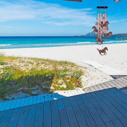 Red Copper Horse Wind Chimes - 4 Tube, 5 Horse Wind Catcher for Home, Garden, Patio, Balconies, Indoor Decoration