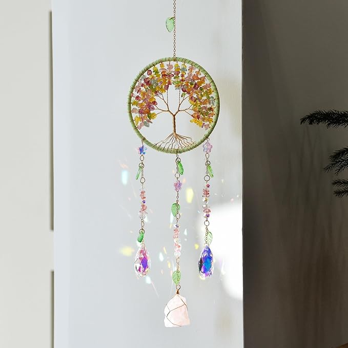 Tree of Life Dream Catchers Crystal Suncatcher with Crystal Prisms & Rose Quartz Crystals Decoration for Window Garden Patio Balcony Bedroom Crystal Gift for Audlts Girls Boys