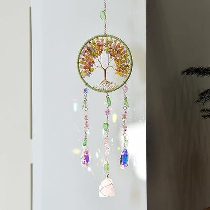 Tree of Life Dream Catchers Crystal Suncatcher with Crystal Prisms & Rose Quartz Crystals Decoration for Window Garden Patio Balcony Bedroom Crystal Gift for Audlts Girls Boys
