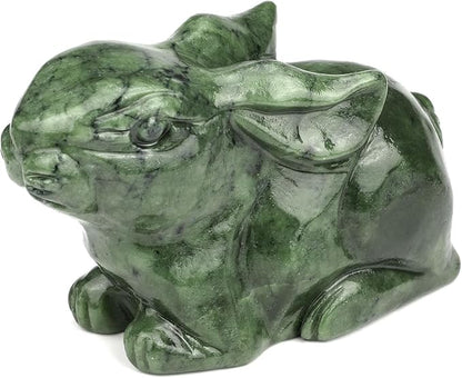 Real Jade Rabbit Statue - Natural 4inch Gemstone Sculpture for Home Decor, Carved Figurine Animal Collection Art Home Deask Outdoor Garden Decorative